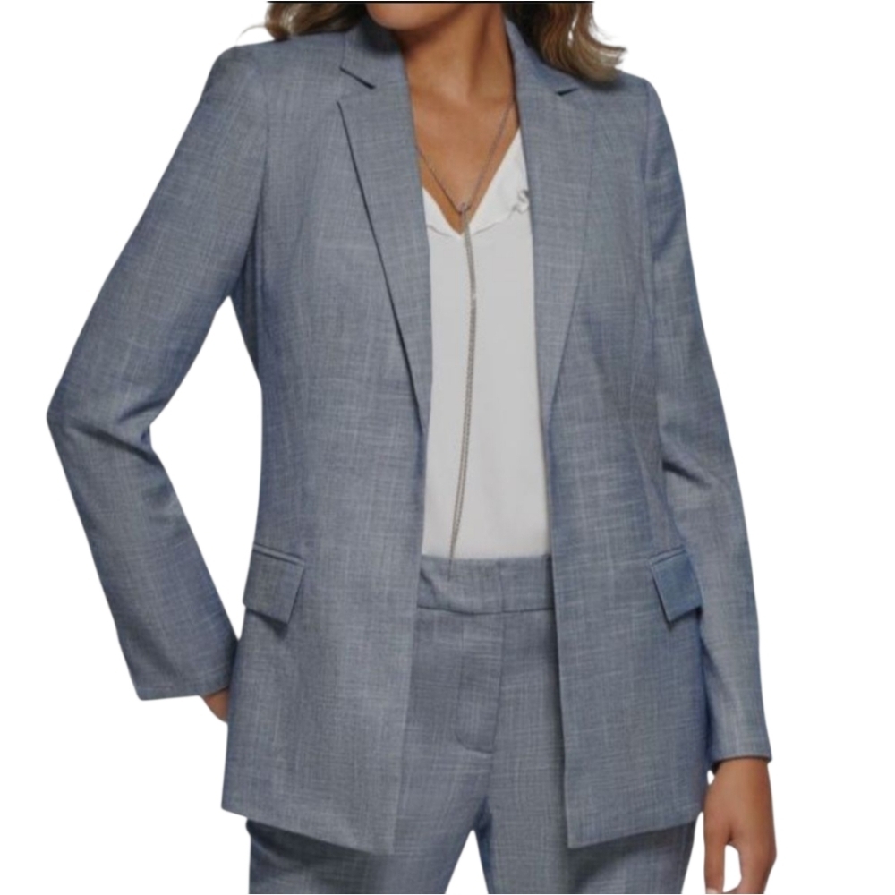 Calvin Klein Blue Linen Texture Open Blazer Jacket Size 12 Petite